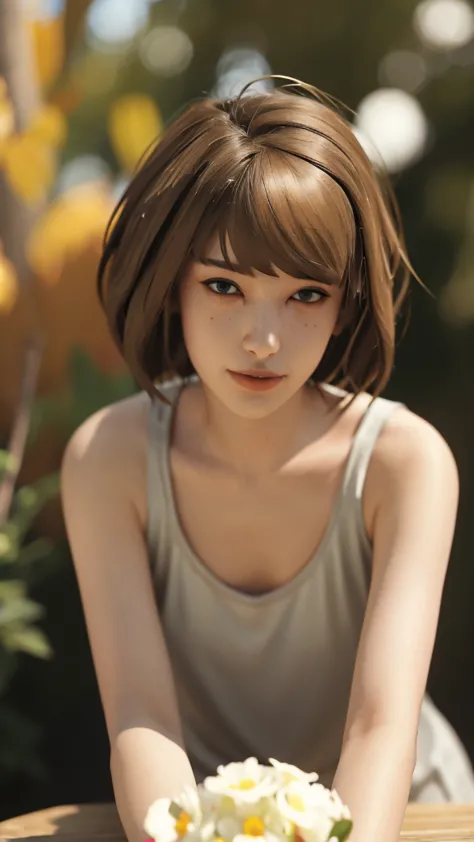 maxine caulfield, light brown hair, bangs, hairclip, hairpin, tears, wide-eyed, makeup, smile, closed mouth, mouth hold, smirk, ...