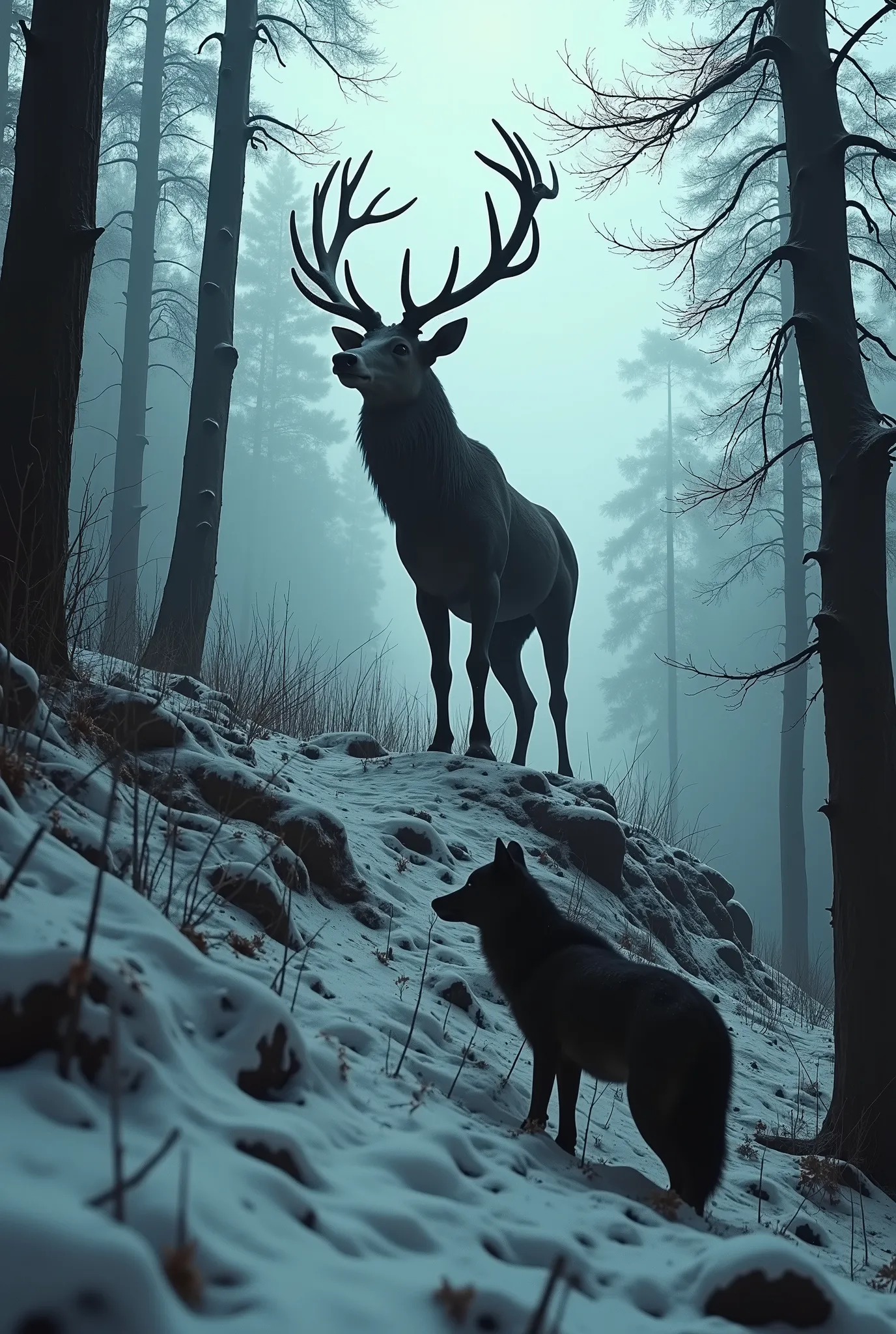 horror scene, outlast, silent hill atmosphere. a majestic stag with massive antlers stands on a snowy hill, staring down at a sh...