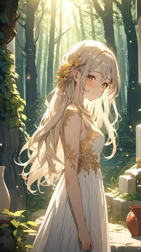 1 girl, ( cute face),  long hair,  medium breasts, to many hairstyle,  Sparkling White Dress , Golden embroidery,  Sheer Cloak,  Pottery Skin , break, Mysterious Forest , ( Soft Light:1.2), Particles of light,  Dreamy Atmosphere , break, Shining Flower々,  ...