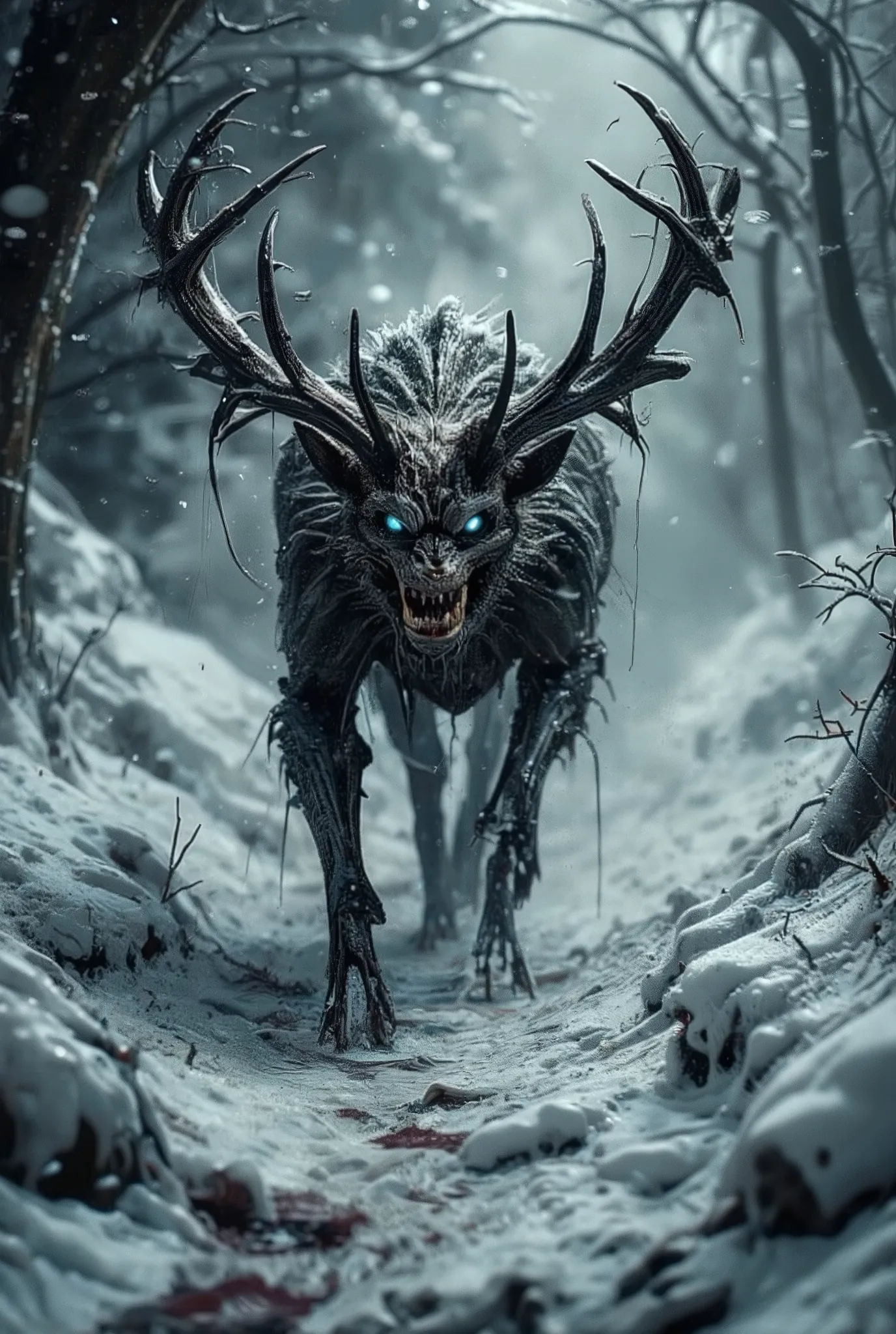 horror scene, outlast, silent hill atmosphere. a horrifying hybrid of a stag and a wolf emerges from the snowy forest. its body ...