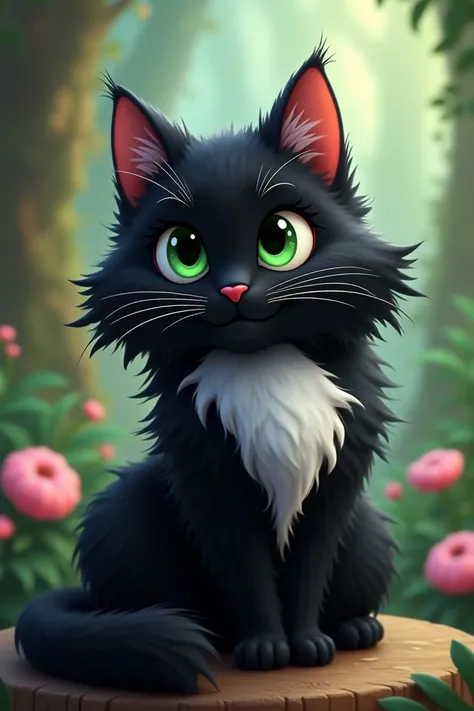 Un chat à poil long noir avec une tache blanche sur son cou et les yeux verts version Disney 