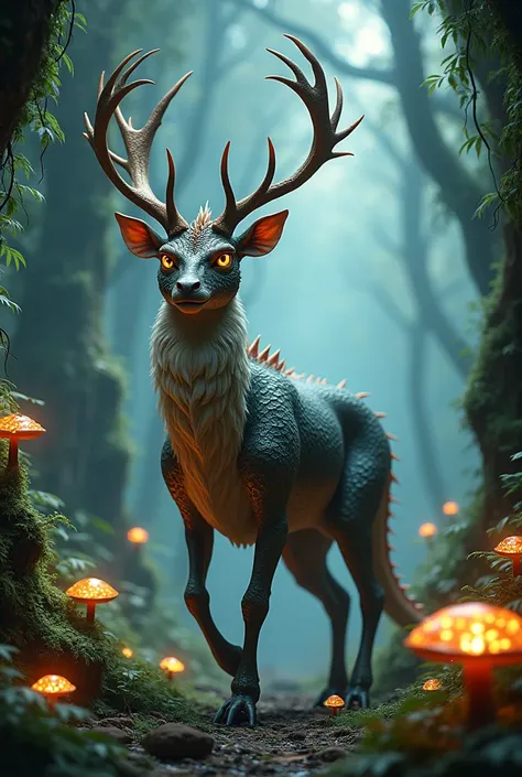 Create a highly detailed image of a fantastical creature in a lush, mystical forest setting. The creature is a blend of a dragon and a stag, featuring shimmering iridescent scales and large, intricately branched antlers that glow faintly with bioluminescen...