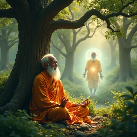 A clear ultra HD image "A serene forest scene where Maharishi Vishwamitra, an elderly sage in orange saffron robes, sits in deep meditation under a large tree, glowing with divine energy. Surrounding him are faint, ethereal images of Menaka, Shakuntala, an...