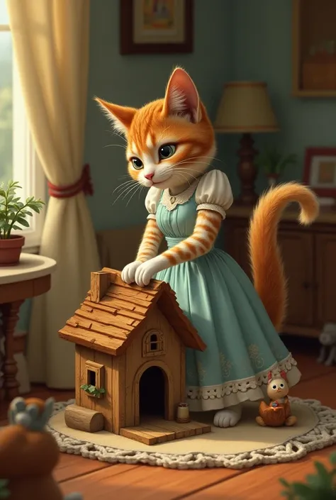 Cat wearing dress built a house for the squirrel in its house