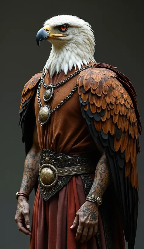 eagle with humanoid body with rough skin and animal text eagle head eagle with human arms and legs, combining fierce and human features I am a realistic and imposing designer dressed in the clothes of kings