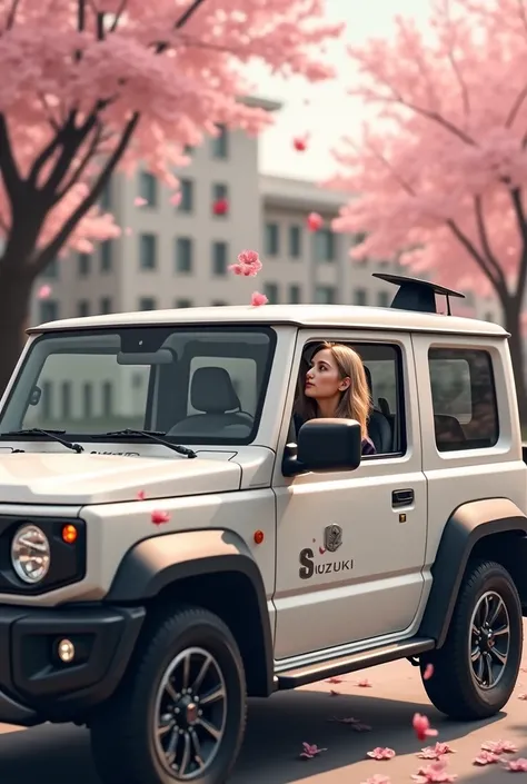 Suzuki Jimny,JB64,White car body 、The background is school、 graduation stickers are on ,, a blonde woman of a graduating student is sitting looking up at me、While the cherry blossom blizzard is falling 、16k、 super resolution、Super detailed、 super high imag...