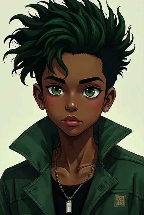  REALISTIC STYLE POSTER . black boy (moreno) something pale ,  black hair with curly green locks,  dark green eyes,  somewhat skinny and muscular ,  and rockstar style 