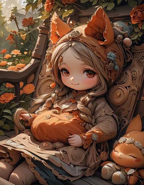 (La  best quality, high definition ,Super detailed,),Baby kitsune，2 cute knitting dolls ，In the garden，Smiling face，（（ A masterpiece full of fantasy elements）））， （（ best quality））， （（ intricate detail that puts the arm in the crotch））（8k）