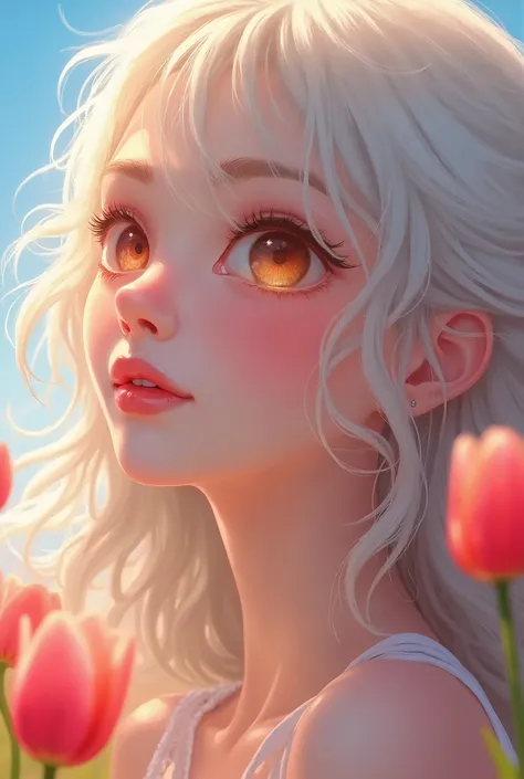 masterpiece，Dazzling colorful light，Ultra Detailed，A girl，big eyes，tulip，Extra long curly hair，White-blond hair，A fascinating adventure，Glowing lips，Close-up of face，Exposed shoulders，Dreamy and beautiful，Thick paint of the characters，Fine brushstrokes，wal...