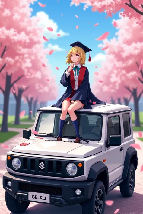 Suzuki Jimny,JB64,White car body 、The background is school、 graduation stickers are on ,A blond woman who is a student graduating from above is sitting looking up at me、While the cherry blossom blizzard is falling 、16k、 super resolution、Super detailed、 sup...