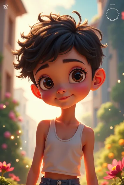 A girl with very short and curly hair boy style, en version Disney 