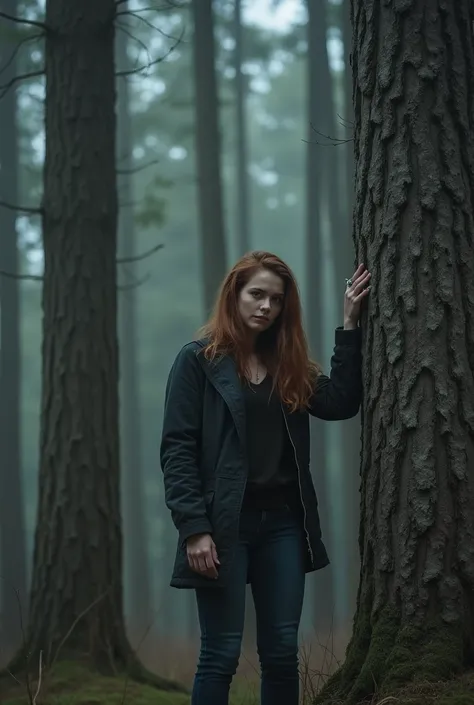 A dense forest during a gray, overcast day. The trees are tall and imposing, their bark covered in eerie, deep gashes that resemble claw marks. In the foreground, the young woman from earlier stands cautiously, her expression tense and thoughtful. She wear...