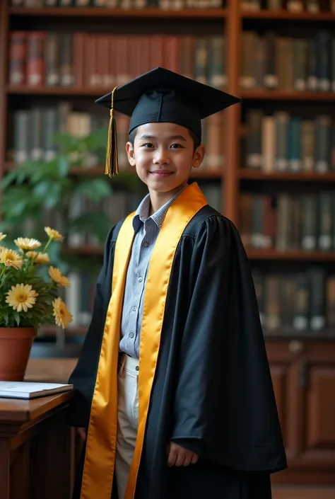  Professional photography featuring a  young (son Asian face ),  wearing a graduation outfit complete with a toga with a mother  ( woman in hijab 35 years old asian face ) and the poor father  ( 40 year old man asian face ),  posing in focus in front of th...