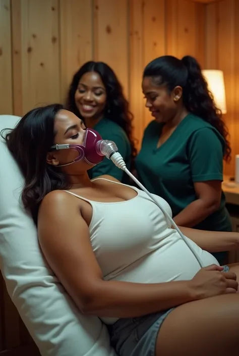 three curvy women, action shot, side view. a relaxed beautiful buxom dark-skinned voluptuous busty peruvian plus-size secretary, breathing through a maroon oxygen mask, going under anesthesia, fainting, groggy eyes, lidded almond eyes, arms fallen to her s...