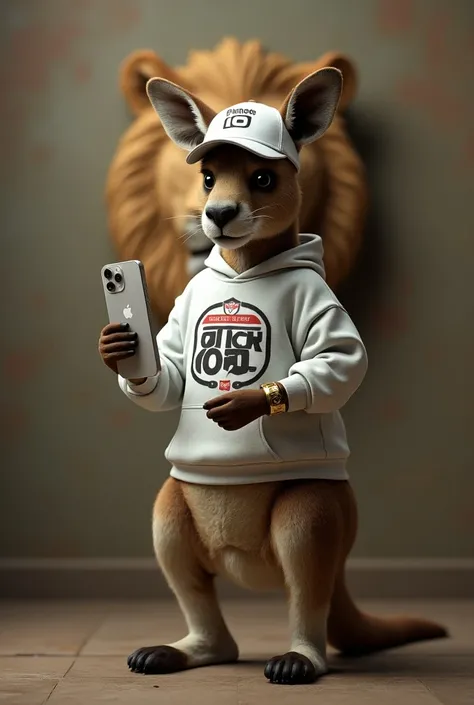 A kangaroo taking a foot with iPhone 16 and wearing a White Sox cap and with a gold watch on his arm and wearing an ecko sweatshirt from the 2000s and the head of a lion on his most realistic wall