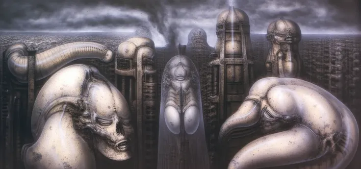 H. R. Gigers g1g3r, , Giger_style, H. R. Gigers g1g3r, , Giger_style, The image is a detailed view of H.R. Gigers " Aleph " plate, featuring   The image , a surrealistic depiction of a city with buildings that have the shape of animals, including a promine...