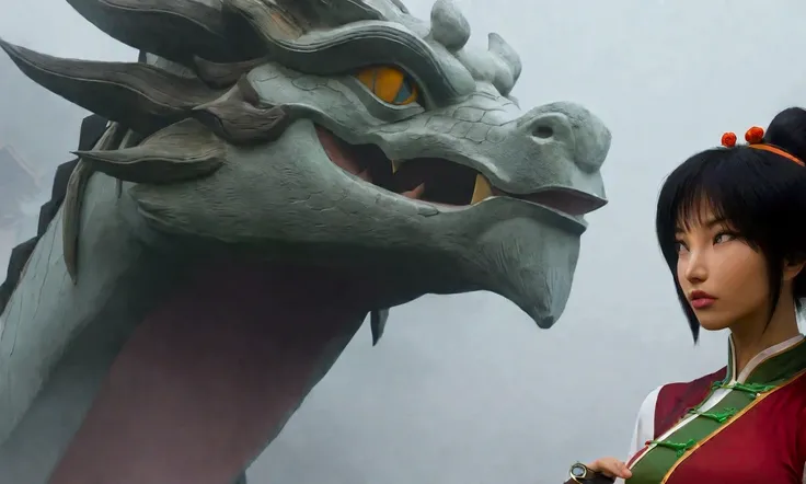 A woman (cute, sexy adventurer outfit, awestruck) is staring at an enormous Chinese dragon that is examining her with one eye, Ancient Bridge in the fog
