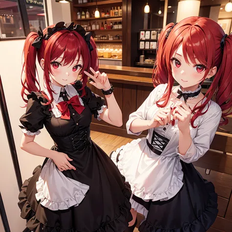  promo photo ,(( glamorous )),The location is a coffee shop, 1 girl, 16-year-old face ,  waitress ,  red haired twin tails , Kind Face,In a half costume with gothic lolita and miniskameid clothes、Image of strawberry,  dress based on white,