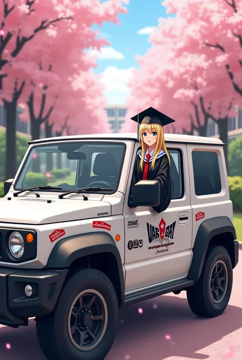 Suzuki Jimny,JB64,White car body 、The background is school、 graduation stickers are on ,A blond woman who is a student graduating from above is sitting looking up at me、While the cherry blossom blizzard is falling 、16k、 super resolution、Super detailed、 sup...