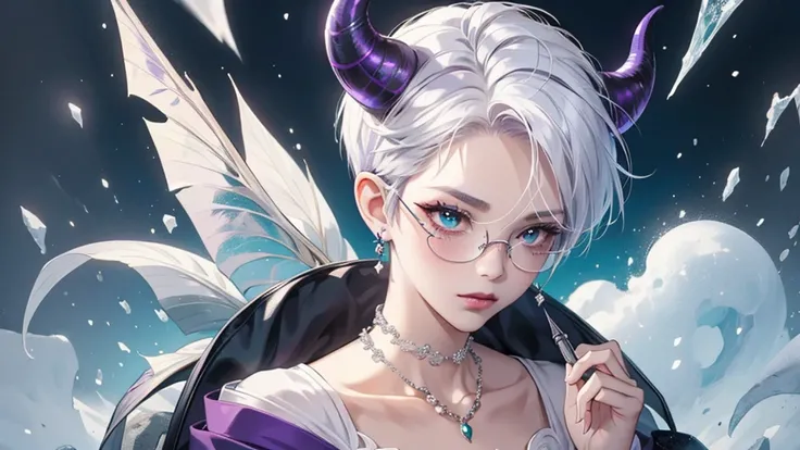 8k, masterpiece, best quality, highly detailed, 1 girl, devil, demon horns, warlock, pixie cut, white hair, multicolored hair, very short straight hair, red highlight hair on white hair, stippled hair, wearing glasses, round glasses, earrings, red eyeshado...