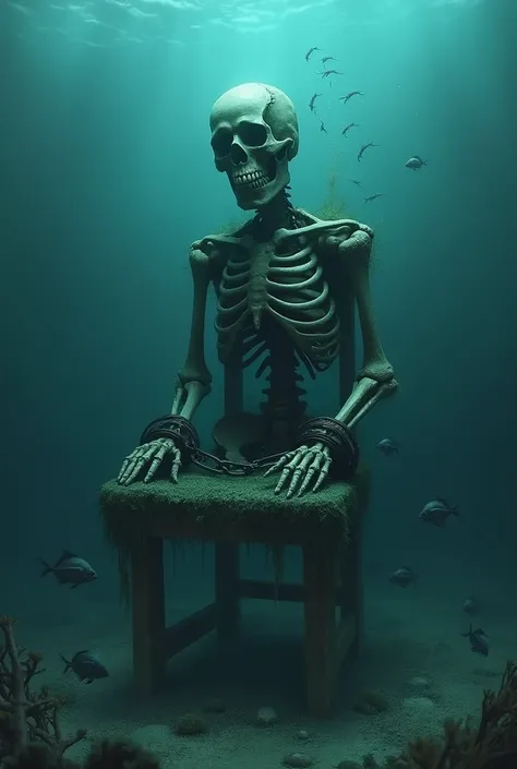 Under the depths of the sea, the skeleton of a man shackled to a chair