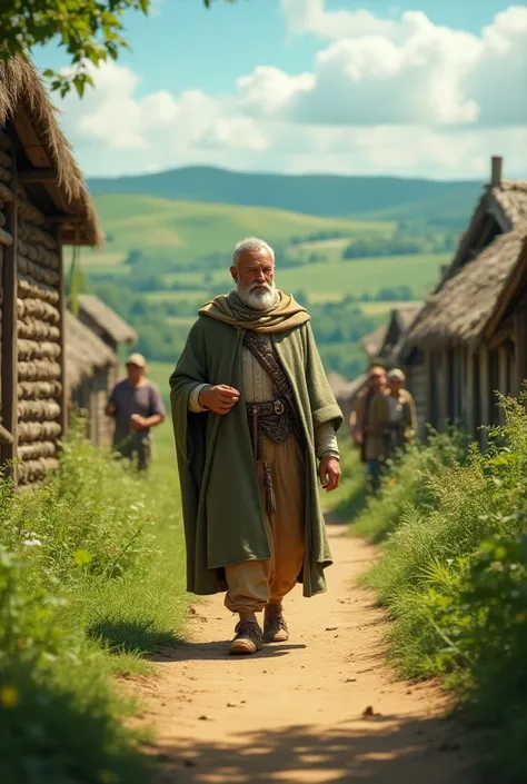 Description:
A wise king, dressed in simple peasant clothes, is walking along a dirt path in a lush green village. In the background, there are thatched huts, fields of crops, and villagers working peacefully. The king looks curious and observant.

Prompt:...