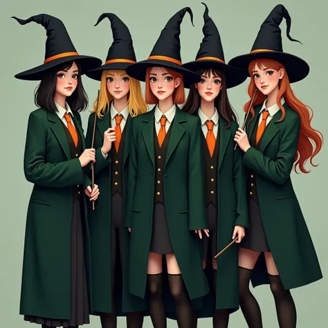  Create an image of a group of witch students 

The image must have Deputy Chief and 4 female prefects , all wearing dark green uniforms and orange ties ,  also that they all have black witch hats and magic wands  