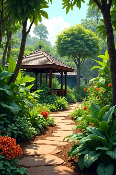  Draw a yard behind the house full of turmeric plants, ginger, kencur ,  bay leaf ,  turi tree ,  and vegetable ,  there is chilli ,  smoked 2 there is a gazebo for relaxing 