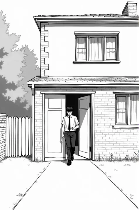  Make a  leaving his house but showing the structure of the house and wearing a school uniform. Let it be the black and white drawing  