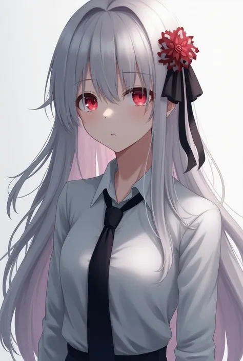 Long Hair, Gray Hair, Red eyes,  simple background, ribbon, anime,  shirt, black tie