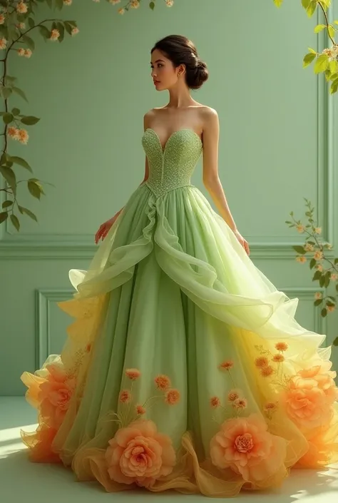 A woman in a glamorous dress。 The dress is based on pale green and 、 has a bright orange and yellow flower pattern on the skirt。 The dress design features voluminous ruffles and 、 creates an elegant atmosphere 。The woman wears 、 accessories in an elegant m...