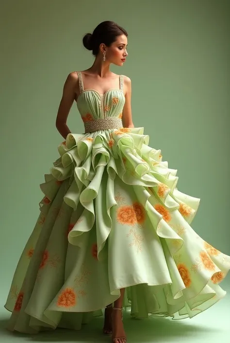 A woman in a glamorous dress。 The dress is based on pale green and 、 has a bright orange and yellow flower pattern on the skirt。 The dress design features voluminous ruffles and 、 creates an elegant atmosphere 。The woman wears 、 accessories in an elegant m...