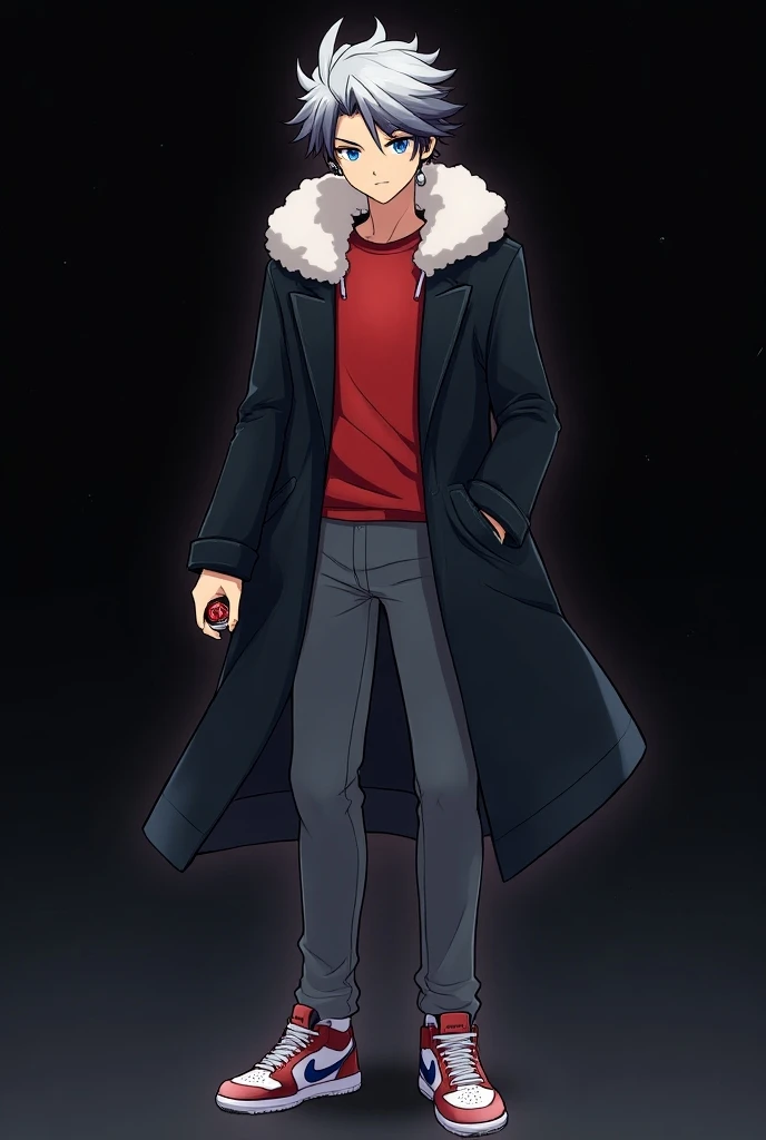  A male character styled in digital art in the anime style , looking about  ,  with messy white and black hair .  He wears a cool black overcoat that extends to the knees , with modern details,  in addition to a coat underneath with a plush collar and a si...