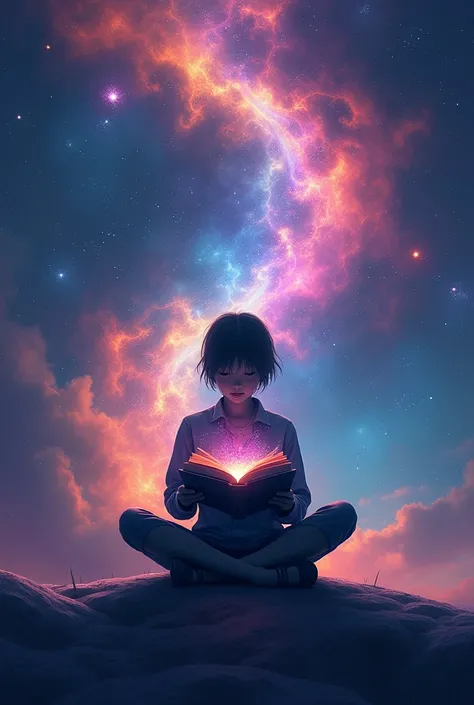 a  sitting in the stars and reading a colored shining book, rainbow colored cosmic nebula sky background, stars, galaxies