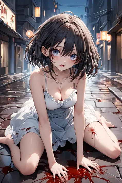 A cute, Japanese, teenage girl. She wears a (white (stained with blood), spaghetti strap, deep cleavage, in tatters, mini summer dress). Her hair is (black, bob style). Her eyes are black. Her head is posed slightly tilted to the upper left. She is scared....