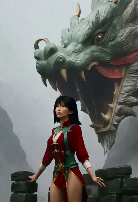 A woman (cute, sexy adventurer outfit, awestruck) is staring at an enormous Chinese dragon that is examining her with one eye, Ancient Bridge in the fog