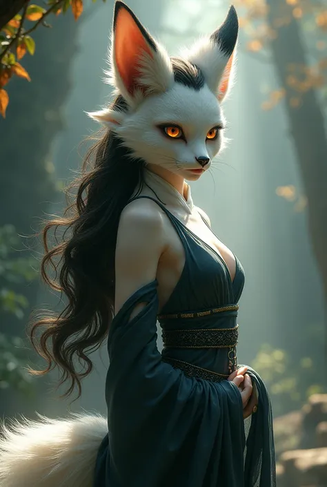  Create a character with long hair, white pele,  brown eyes,  black hair , and low structure , for an rpg,  Do it with Kitsune class 