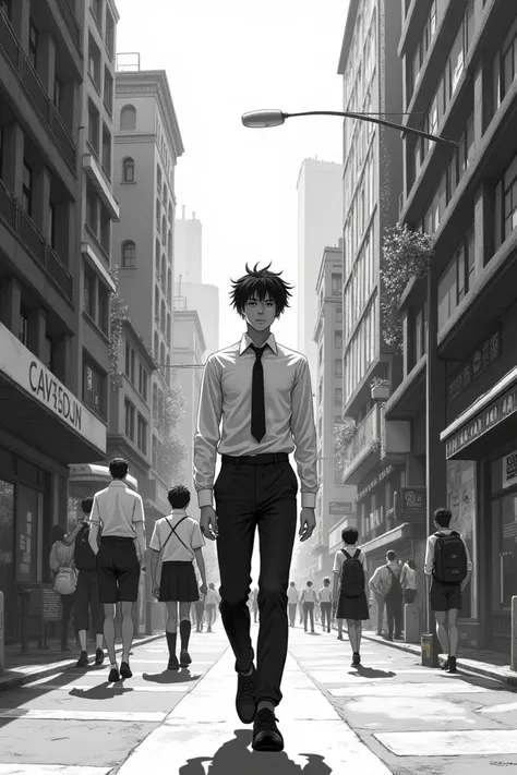 Make a student in his uniform walking around the city make the drawing be in black and white 