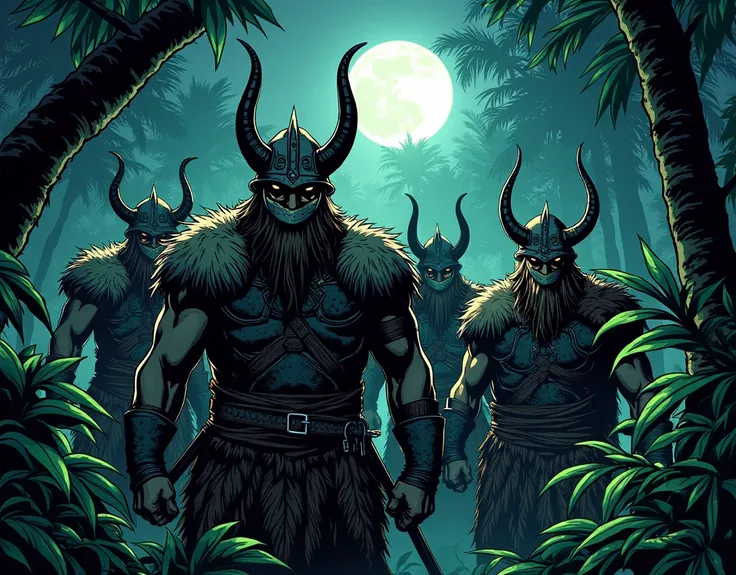 Comics-style image,  many Viking warriors , gagged in the trees ,  in the Amazon jungle at night with very little light