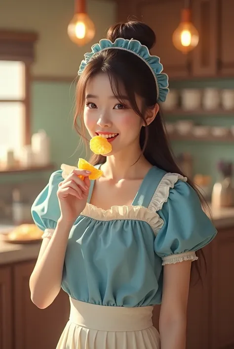 Perfect details,High definition,Realistic,Review of potato chip commercial,22-year-old Korean Japanese girl is very beautiful and sweet with long hair tied up,Wearing a blue maid outfit with an apron,Cream pants,Standing with her head up and putting potato...