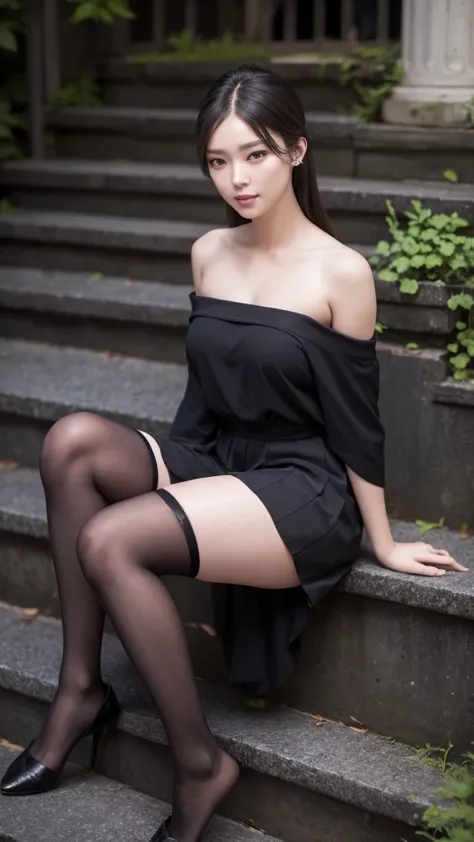 masterpiece, best quality,beautiful woman sitting on stairs
i'm wearing black stockings 、  ultra high definition,  textured skin...