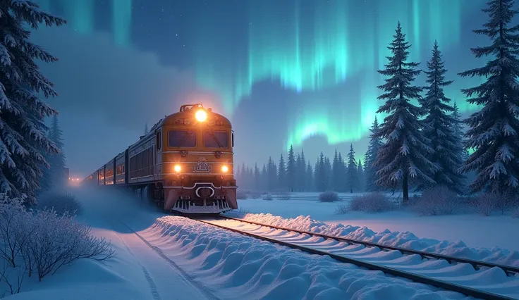 Scene 1: Train Approaching a Curve Visual Composition: 1. Train headlights illuminating the curved track ahead. 2. Aurora Borealis swirling above the horizon, reflecting off snowy trees. 3. Trains metallic body gleaming in the soft, ethereal light. Color P...