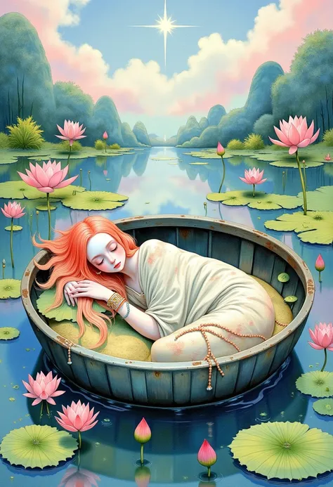  a young woman lies and sleeps inside a large boat in the middle of a lotus lake, covered with a large blanket of rags,   closed eyes    ,   lake and lotuses around    ,    covered with a blanket,  jewelry    ,      long hair , Compose       , Painting (me...