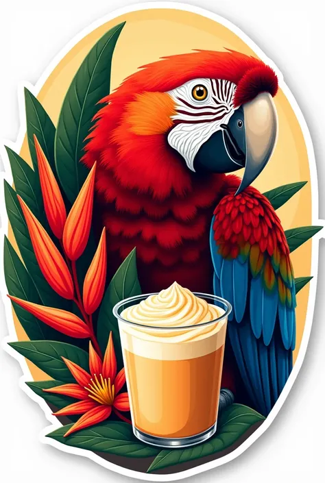 A round sticker of a red Amazonian macaw showing only the half-sided face and red Amazonian heliconia flowers with a glass of rice de leche in plastic packaging