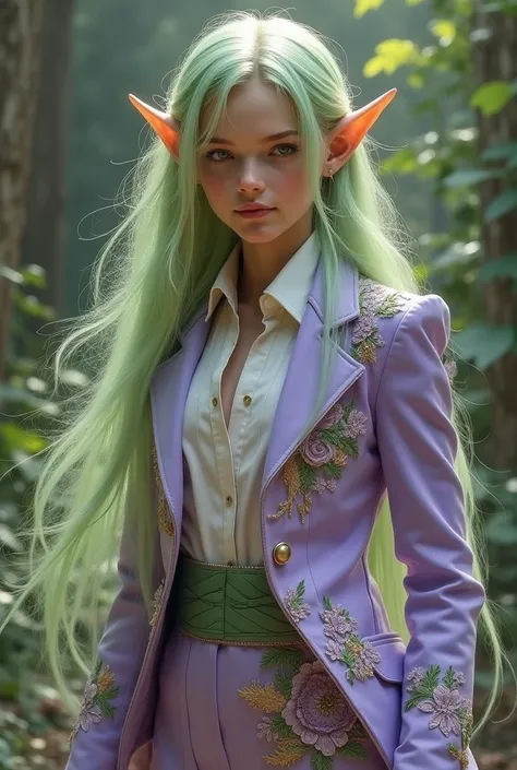 A female eladrin elf with round cheeks and long, pale green hair. She is wearing a mans medieval style suit. The suit is pale purple and has intricate green, lavender, and gold embroidery. 