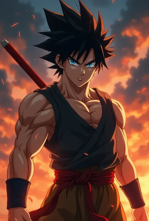  a muscular Sasuke Uchiha with the transformation Super Saiyan God with thorns , ,  ultra detailed face ,  piercing blue eyes , sharp jaw, powerful expression, epic anime style,  dramatic lighting , Film composition, 8k,  photorealistic , dramatic colors, ...