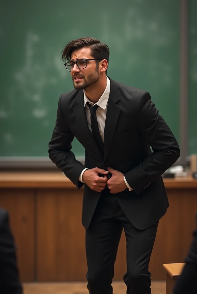 In the classroom，young professor ，Good figure， Handsome，Wearing glasses，German men，Black suit，Black Tie，Black socks，Black leather shoes。Mans testicles hurt so much ，Man bends down ， covers his crotch with his hands， clasps his testicles tightly with both h...