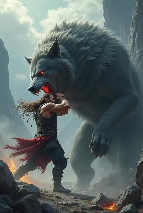 God Tyr fighting Lobo Fenrir so that the other Gods will chain him 