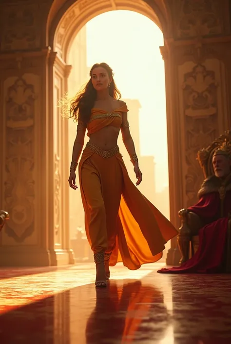 Amba leaving the royal court with a calm and victorious expression, while the king watches her with respect from his throne. Sunlight streams in, symbolizing a new beginning.
A very clear ultra HD dynamics emage.