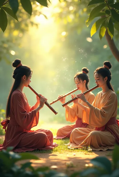 Music composed of flute, flute, flute, chong, sitting together in a band.